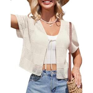 Women Crochet Knit Top Short Sleeve Tie Front Cardigan Summer Beige Shirt Size S